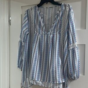 Blue, White, and Coral Patterned Women's Top